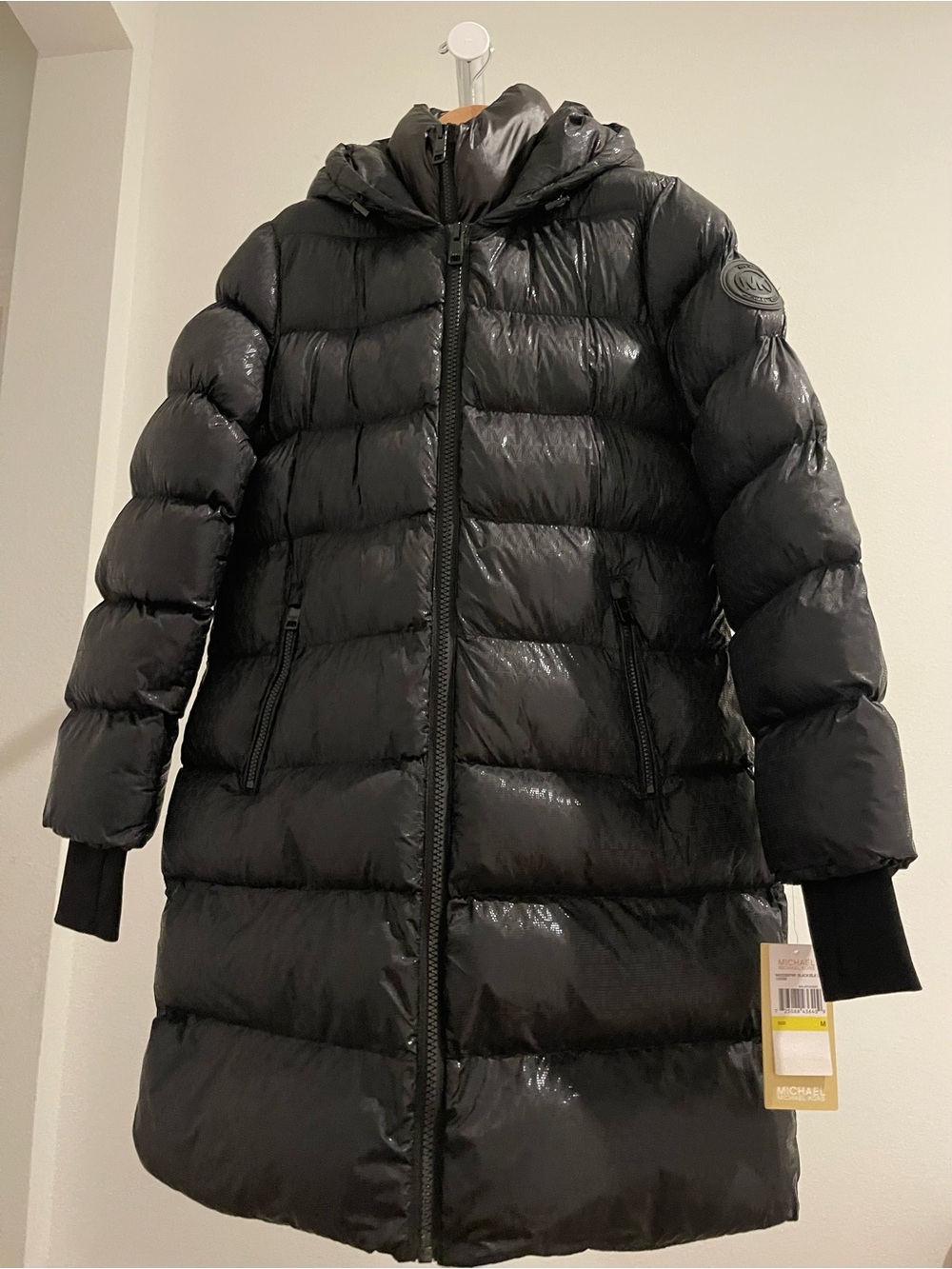 Michael Kors Women’s Black Hooded Logo Print Long Puffer Coat Jacket Size M NWT